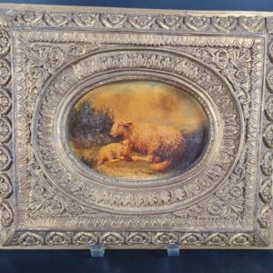 Lot 245 - ANTIQUE STYLE ORNATE GILT EFFECT FRAMED TEXTURED PRINT OF A SHEEP WITH LAMB